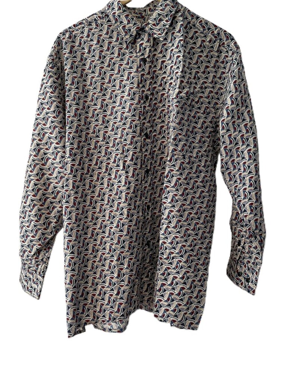 Vtg 90s Retro Geometric Print Long Sleeve Shirt Lightweight Silk Blend Mens Sz M